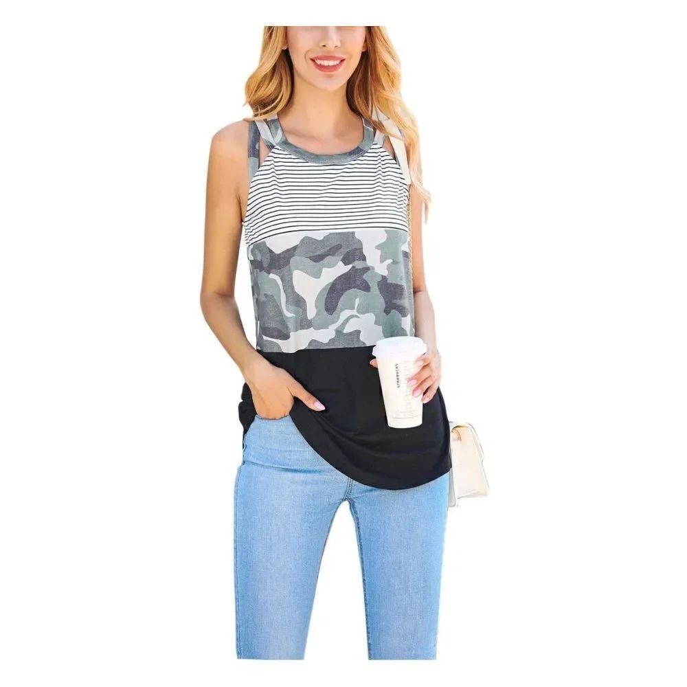 Anbech Womens Striped Color Block Tank Top Sleeveless Racerback Stitching Vest S